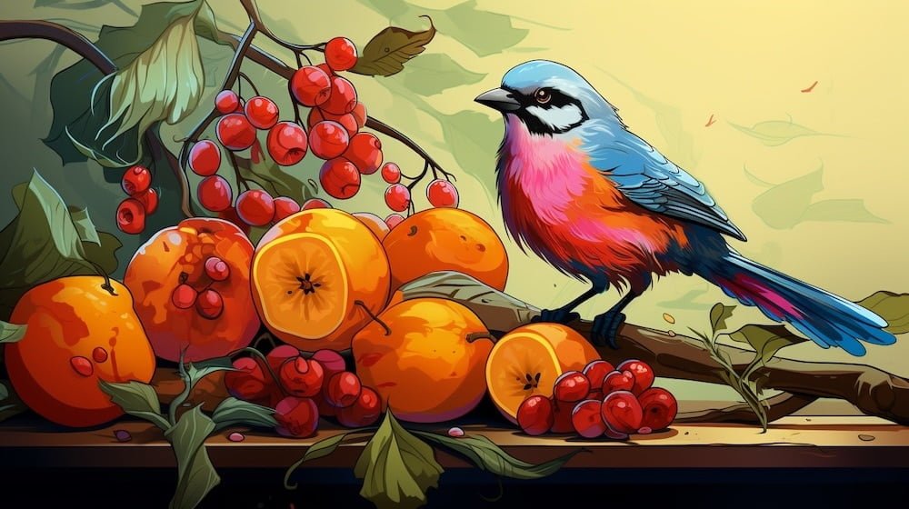 Birds sitting in-front of fruits